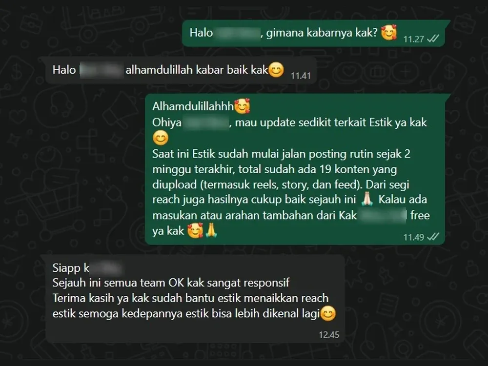 Tangkapan layar percakapan WhatsApp dengan klien TBD (nama diburamkan)