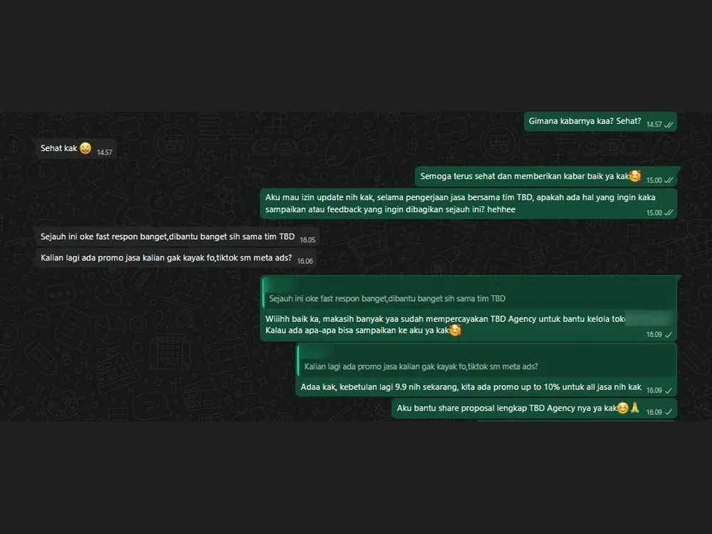 Tangkapan layar percakapan WhatsApp dengan klien TBD (nama diburamkan)