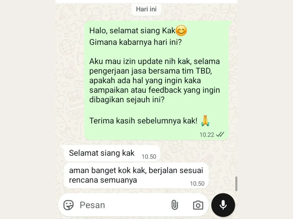 Tangkapan layar percakapan WhatsApp dengan klien TBD (nama diburamkan)