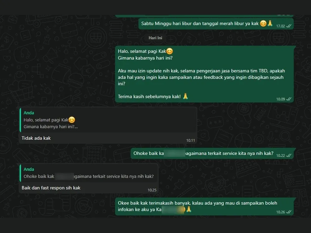 Tangkapan layar percakapan WhatsApp dengan klien TBD (nama diburamkan)